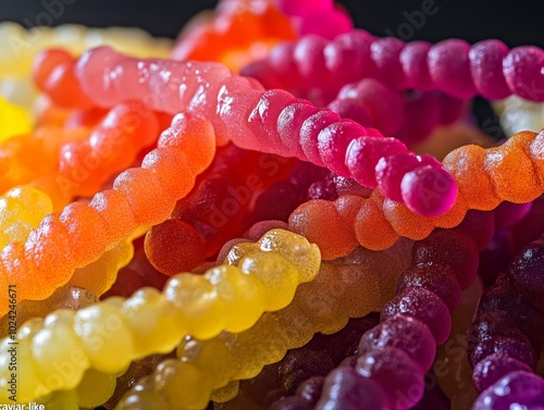 A close-up of a bunch of finger lime fruits, with their long, slender shapes and brightly colored 