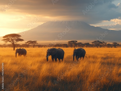 A herd of elephants walks through the savanna at sunset with a mountain in the background.