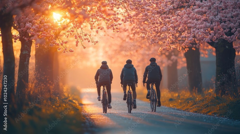 Three cyclists ride through a tunnel of blooming trees at sunrise, their silhouettes backlit by the golden light. Three cyclists ride through a tunnel of blooming trees at sunrise, their silhouettes backlit by the golden light.