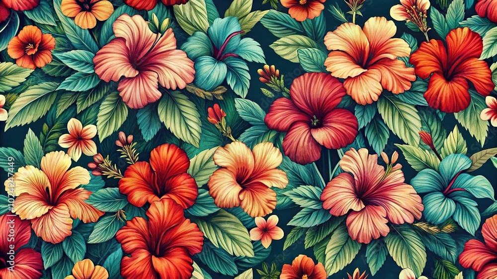 custom made wallpaper toronto digitalVintage hibiscus flower wallpaper with black outline in pop art color scheme