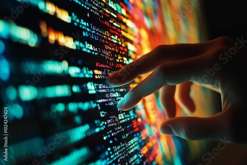 A close-up of a data engineer's hand typing code to clean and preprocess a large dataset in preparation for machine learning analysis.