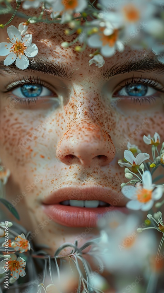 Close-Up Portrait of a Woman with Freckles and Flowers Close-Up Portrait of a Woman with Freckles and Flowers