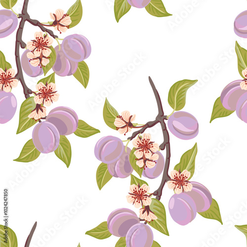 vector drawing seamless pattern plum tree branch with fruits, flowers and green leaves at white background, hand drawn illustration