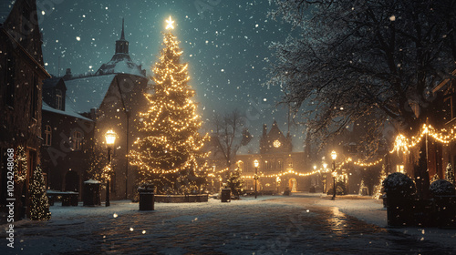 snowy christmas night in a european town square with a decorated christmas tree and lights