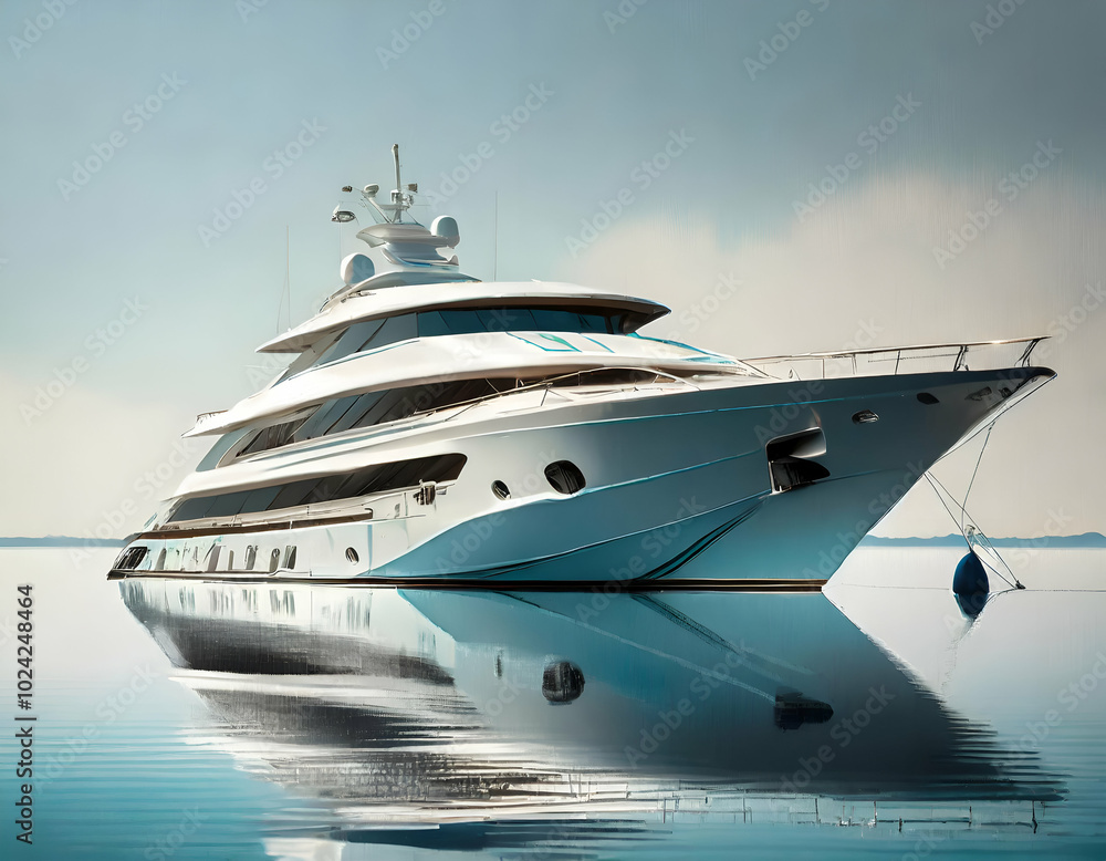Fototapeta premium A luxury white yacht anchored on calm waters, isolated against a white background with slight reflections on the water surface, giving a clean, polished, and sophisticated look. 