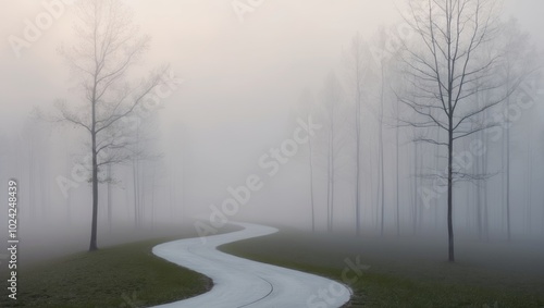 Serene winding path through a misty forest at dawn. photo