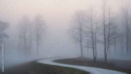 Serene winding path through a misty forest at dawn.