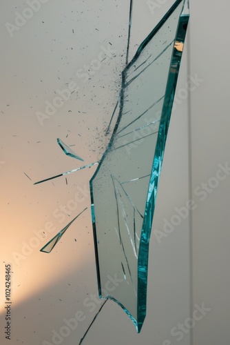 Shattered glass surface with jagged edges and dust particles illuminated by soft light. photo