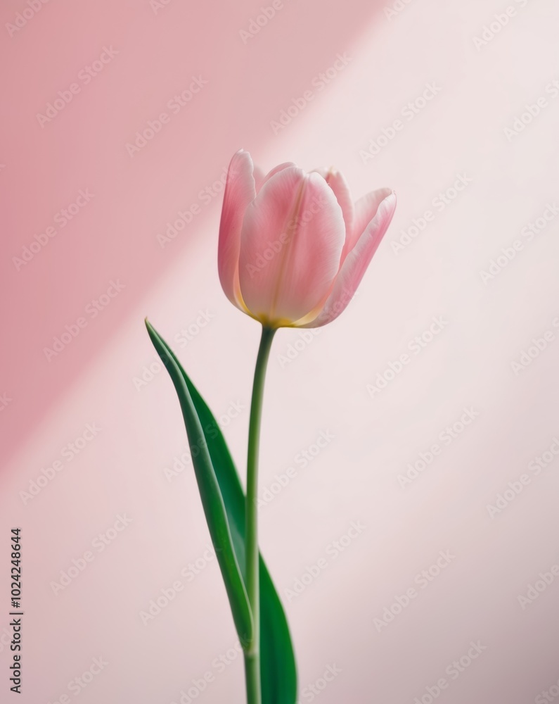 Single pink tulip on light pink background with central stem. Single pink tulip on light pink background with central stem.
