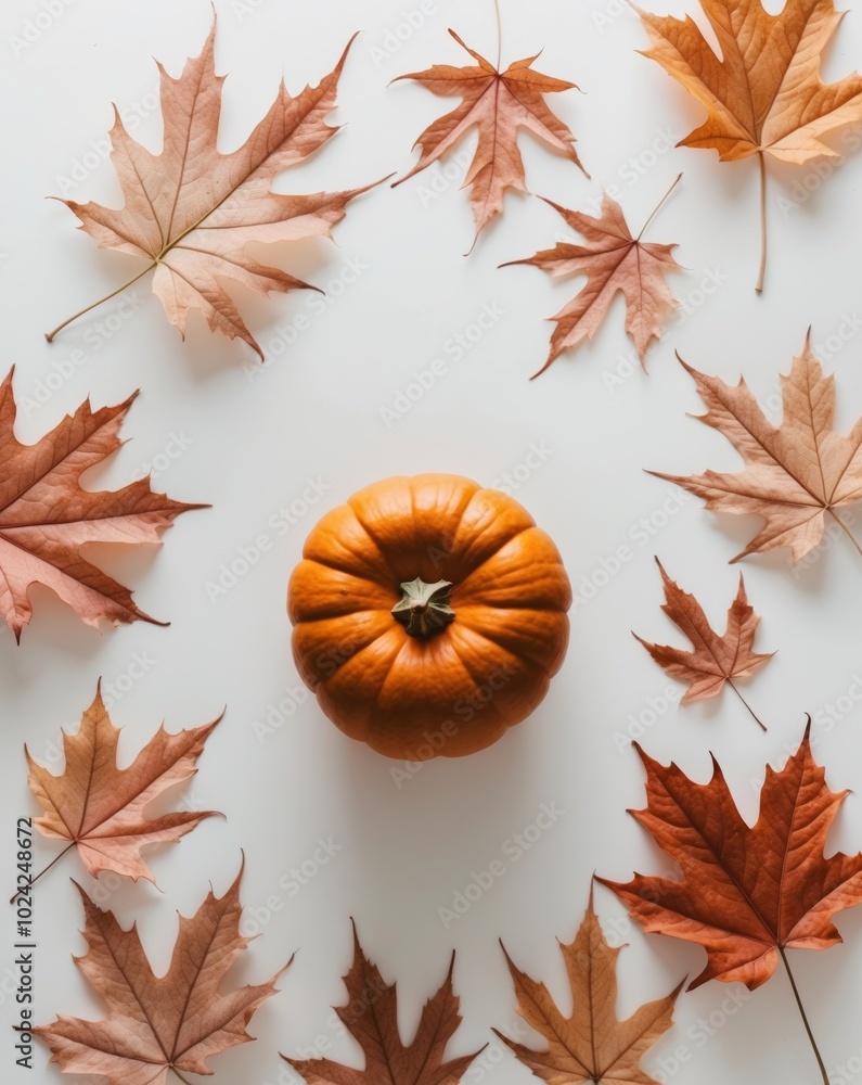 Single Pumpkin with Watercolor Autumn Leaves. Single Pumpkin with Watercolor Autumn Leaves.
