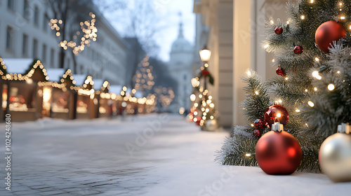 Wallpaper Mural Christmas-themed travel background, showcasing festive winter streets and Christmas markets with warm lights, snowy paths, and iconic landmarks from cities.  Torontodigital.ca