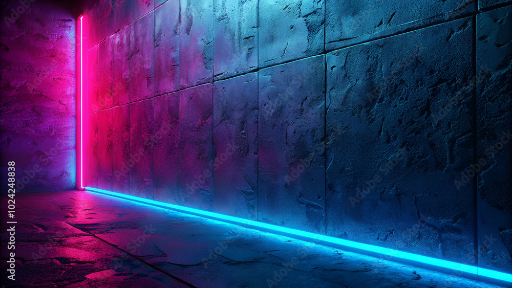 A textured cement wall illuminated by vibrant neon light. A textured cement wall illuminated by vibrant neon light.