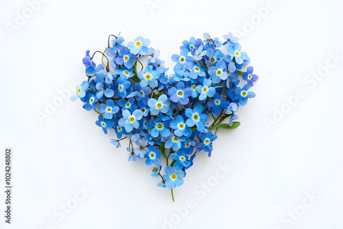 Heart made of amazing spring forget-me-not flowers on white background, top view