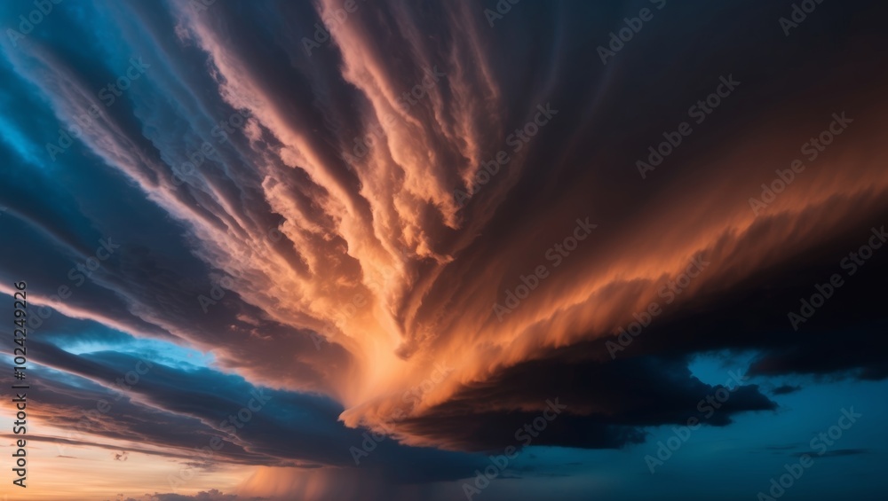 Obraz premium Vivid storm clouds at dusk displaying striking colors of orange and blue.