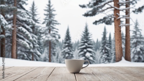 Wooden Table with Coffee Cup and Winter Forest Background. photo