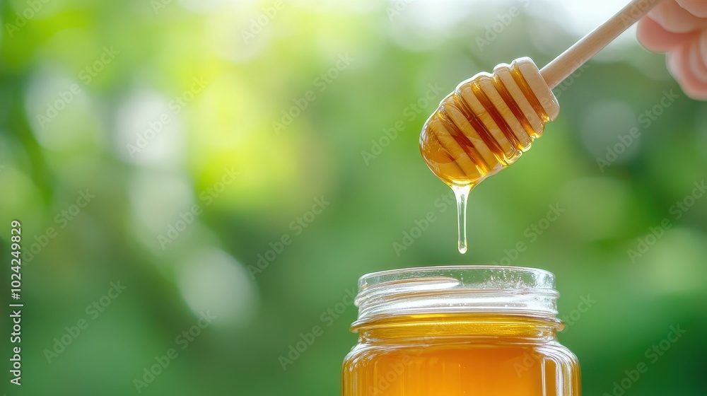 A close-up of honey slowly dripping from a wooden dipper into a glass jar, representing natural sweetness, freshness, and organic ingredients. A close-up of honey slowly dripping from a wooden dipper into a glass jar, representing natural sweetness, freshness, and organic ingredients.