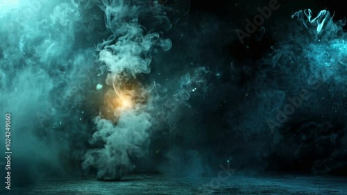 Mystical Smoke: A dramatic and ethereal scene with swirling turquoise and blue smoke billowing over a dark background. The abstract and atmospheric image evokes a sense of mystery and intrigue. 