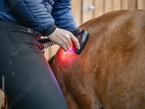 A close-up of a horse receiving laser therapy to treat a leg injury, with a therapist gently applying the treatment. photo