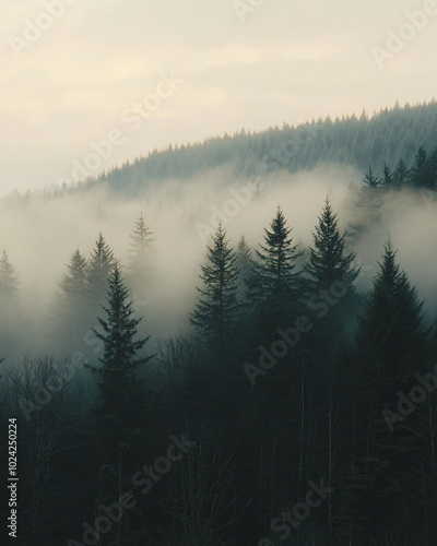 dark evergreen forest foggy misty mountain landscape