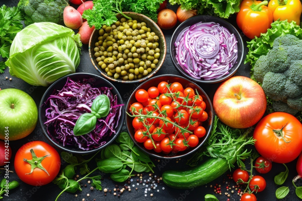 An assortment of fresh vegetables including cherry tomatoes, cabbage, peas, and broccoli arranged in bowls, with additional vegetables like cucumbers and leafy greens surrounding them
An assortment of fresh vegetables including cherry tomatoes, cabbage, peas, and broccoli arranged in bowls, with additional vegetables like cucumbers and leafy greens surrounding them