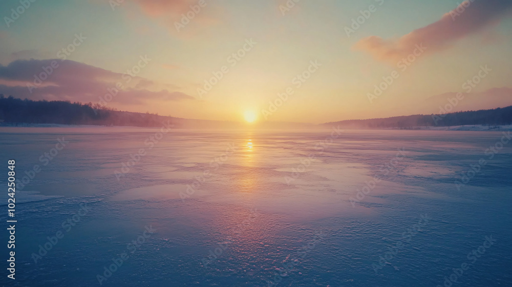 Fototapeta premium frozen lake sunset landscape with silhouettes of trees and pink and blue sky