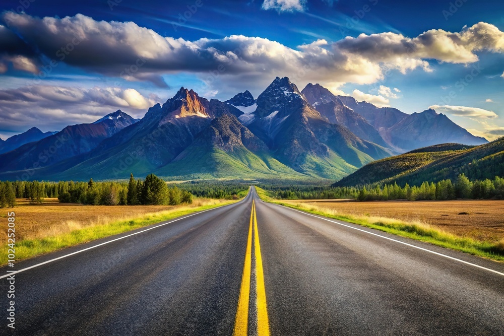 Fototapeta premium Vivid illustration of a road with mountain background created using digital tools