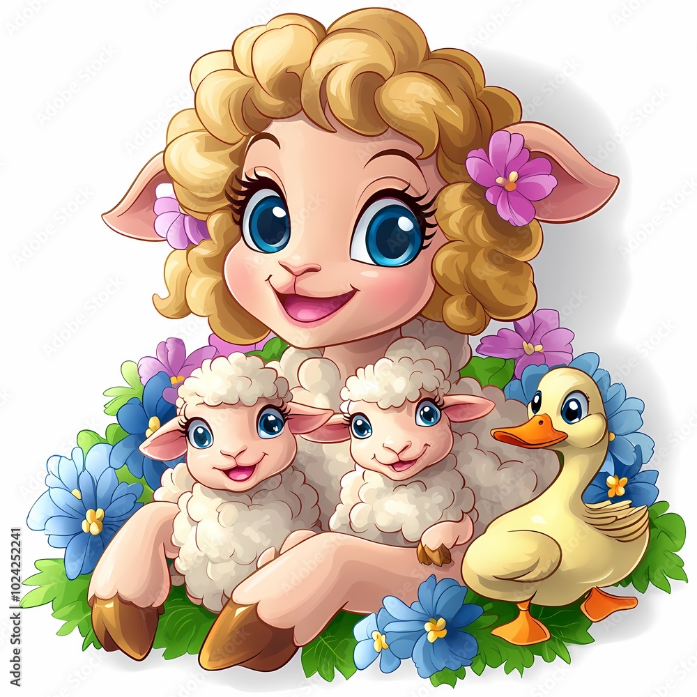 Obraz premium Cute Illustration of a Sheep Family with Mother Ewe