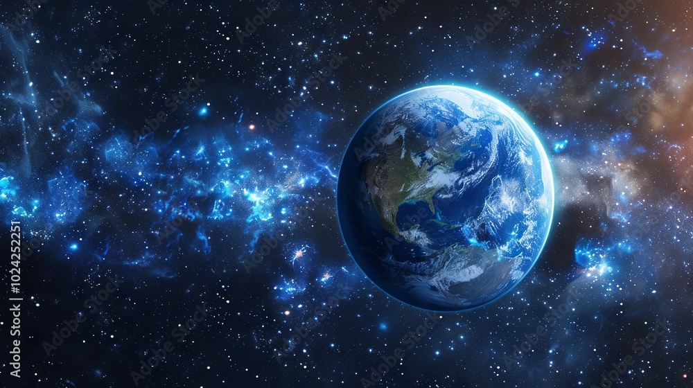 Obraz premium Stunning 3d rendering of a vibrant planet floating in outer space with detailed surface textures and glowing atmosphere – perfect for sci-fi designs, futuristic projects, and cosmic visualizations