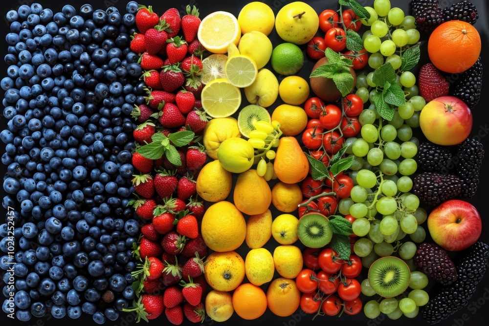 A variety of fruits arranged in a horizontal pattern, featuring a mix of vibrant blueberries, citrus fruits, green grapes, and strawberries, creating a colorful and healthy visual appeal. A variety of fruits arranged in a horizontal pattern, featuring a mix of vibrant blueberries, citrus fruits, green grapes, and strawberries, creating a colorful and healthy visual appeal.