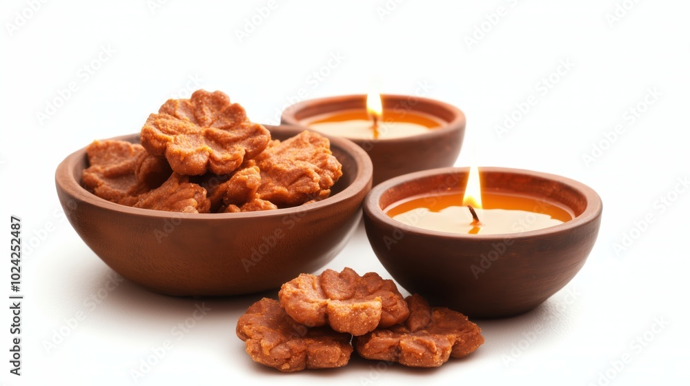 Fried Chicken Nuggets and Candles in Wooden Bowls Fried Chicken Nuggets and Candles in Wooden Bowls