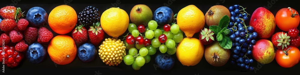 An arrangement of mixed fruits with a dark background, highlighting the vibrant colors and freshness of the various fruits. An arrangement of mixed fruits with a dark background, highlighting the vibrant colors and freshness of the various fruits.