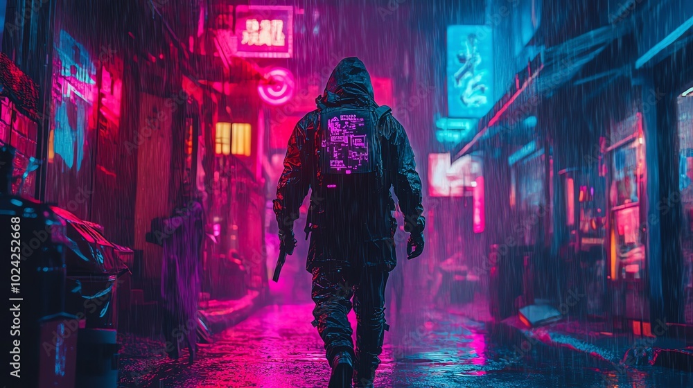 A lone figure walks through a neon-lit city alley during a downpour. A lone figure walks through a neon-lit city alley during a downpour.