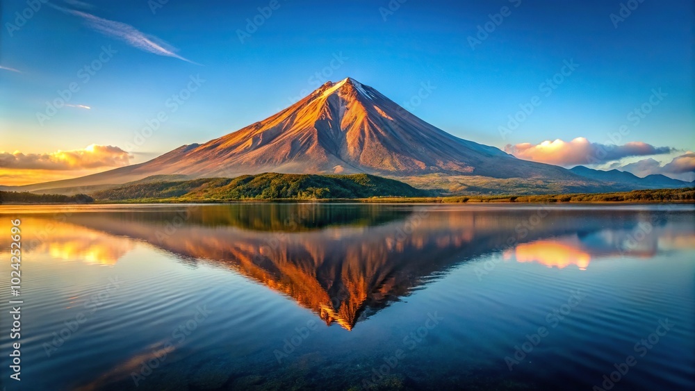 Volcanic mountain reflected in calm lake at sunrise Volcanic mountain reflected in calm lake at sunrise