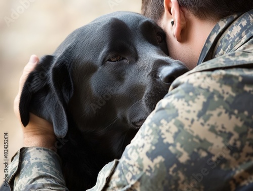 A close-up of a PTSD service dog nuzzling their handler during a stressful moment, providing comfort and support.