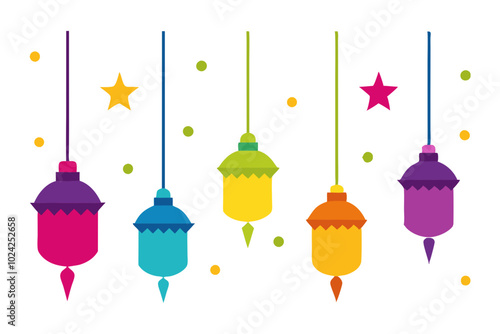 Hanging colorful lamps and stars | vector illustration on white background