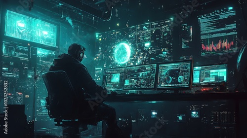 Wallpaper Mural A hacker working late at night in a dimly lit room with multiple monitors displaying code and data. Torontodigital.ca