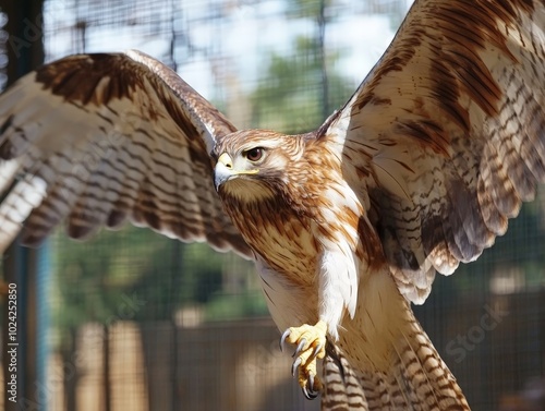 A close-up of a rehabilitated bird practicing flight in a large enclosure, preparing for release into the wild. photo