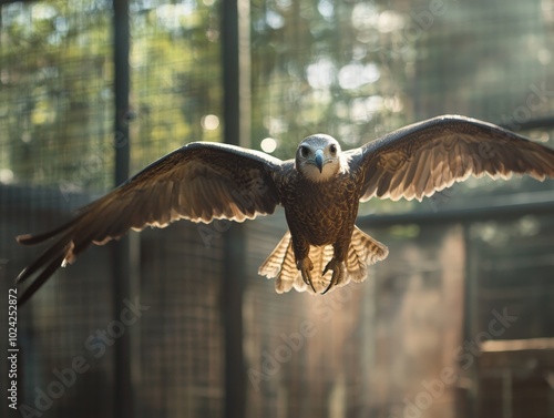 A close-up of a rehabilitated bird practicing flight in a large enclosure, preparing for release into the wild. photo