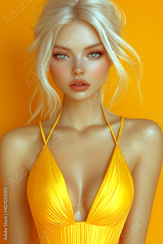 A blonde woman is wearing a yellow dress and has blue eye shadow. She is standing in front of a yellow background
