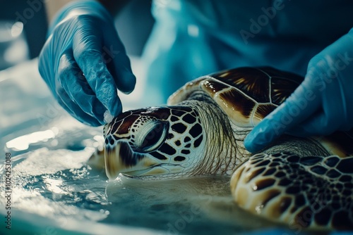 A close-up of a sea turtle being treated for a cracked shell, with veterinarians applying a special resin. photo