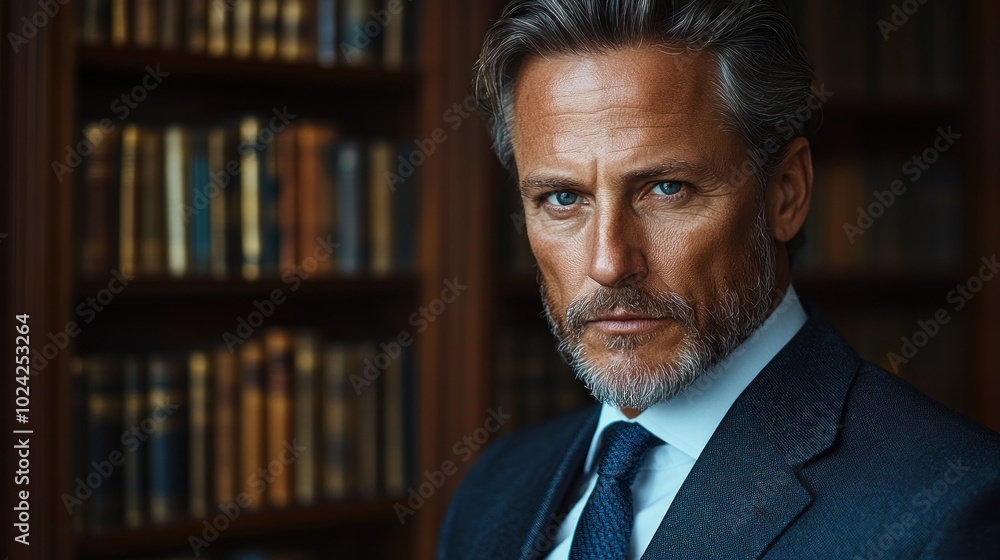 A confident, middle-aged man in a suit and tie stands in front of a bookshelf, looking directly at the camera. A confident, middle-aged man in a suit and tie stands in front of a bookshelf, looking directly at the camera.