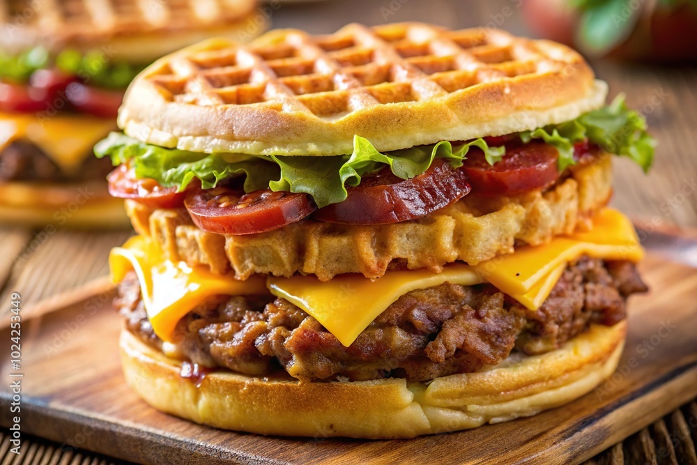 Waffle hamburger with bacon and cheese sticks Extreme Close-Up Waffle hamburger with bacon and cheese sticks Extreme Close-Up