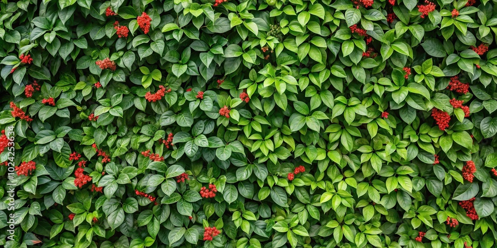 Wall covered in large green leaves with tiny red flowers aerial view Wall covered in large green leaves with tiny red flowers aerial view