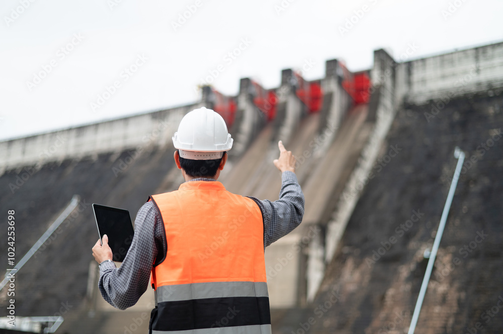 Smiling young Asian civil engineer standing with his arms crossed wearing a helmet and using a walkie-talkie. View and inspect the operation of the dam's sluice gates using the Quality Monitor tablet. Smiling young Asian civil engineer standing with his arms crossed wearing a helmet and using a walkie-talkie. View and inspect the operation of the dam's sluice gates using the Quality Monitor tablet.