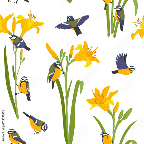 yellow daylily and blue tit birds, vector drawing seamless pattern with flowers and birds at white background, hand drawn botanical illustration