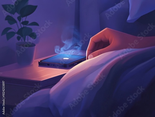 A close-up of a smartphone alarm going off on a nightstand, with a hand reaching out from under the covers to hit snooze. photo