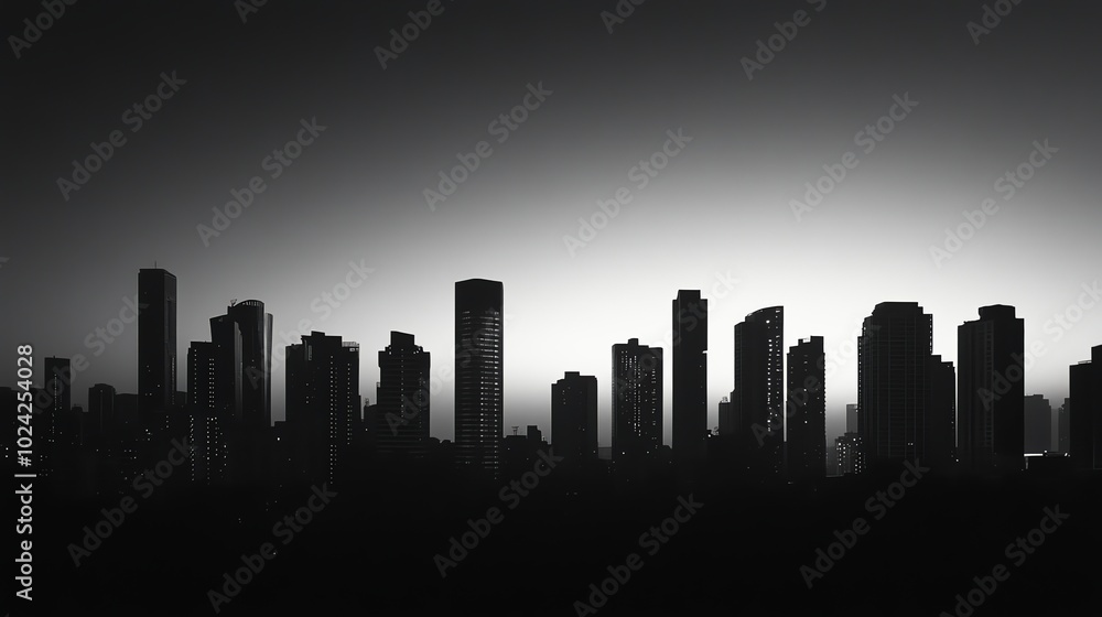 A black and white silhouette of a city skyline. A black and white silhouette of a city skyline.