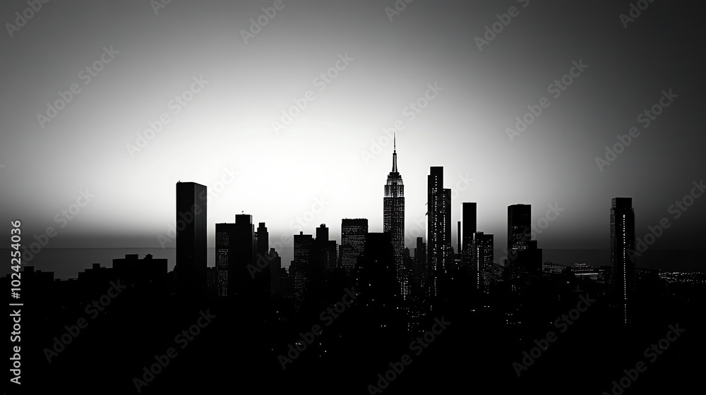 A black and white silhouette of the New York City skyline at sunset. A black and white silhouette of the New York City skyline at sunset.