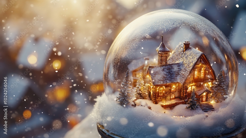 A close-up of a snow globe, gently shaken, with snow swirling around a miniature winter village inside. A close-up of a snow globe, gently shaken, with snow swirling around a miniature winter village inside.