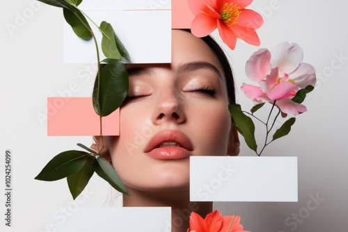 Floral-themed portrait with abstract geometric overlays. photo